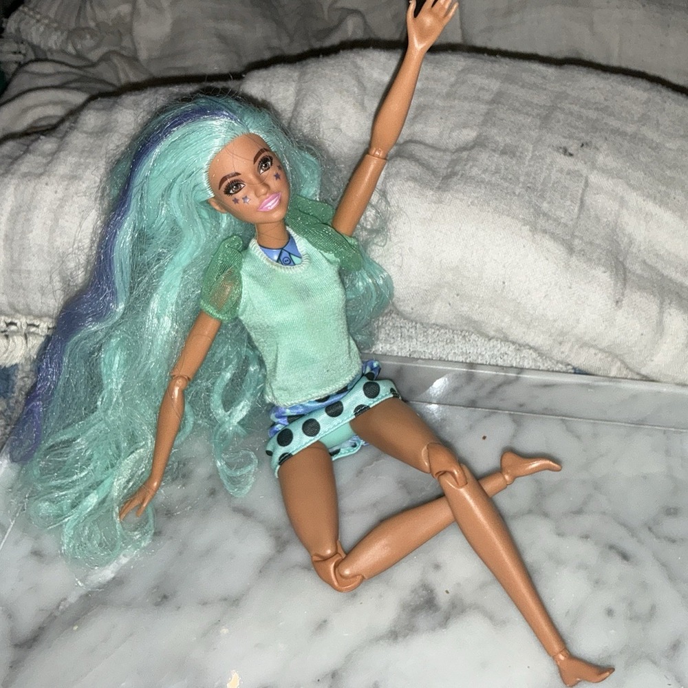 Articulated Barbie Bubble Tea Doll Mint Green Blue Long Blue Hair Star Tattoos